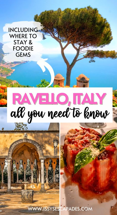 Ravello Italy pin cover, showing images of the famous trees and two domes view on mountainside overlooking azure waters of amalfi coast, a golden set of arches in an ornate garden and a creative past dish with tomato sauce and parmesan. Things To Do In Ravello Italy, Best Amalfi Coast Towns, Villa Cimbrone Ravello, Amalfi Restaurants, Amalfi Itinerary, Ravello Italy Amalfi Coast, Amalfi Coast Restaurants, Aesthetic Amalfi Coast, Amalfi Town