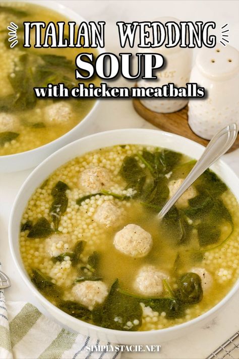 Italian Wedding Soup with Chicken Meatballs A light and delicious soup! Homemade chicken meatballs and acini de pepe pasta with spinach and Parmesan cheese in a comforting chicken broth. Chicken Meatballs And Pasta, Italian Wedding Soup With Chicken, Crockpot Italian Wedding Soup, Wedding Soup With Chicken, Italian Wedding Soup Authentic, Pastina Soup, Ground Chicken Meatballs, Pasta With Spinach, Soup Homemade