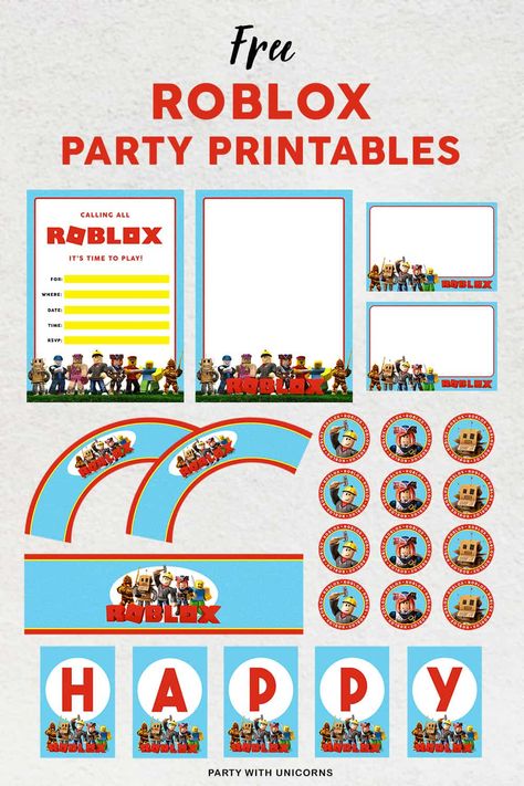 Are you planning a Roblox Party? Download these free Roblox party printables including Roblox Party Invitations Roblox Chocolate Bar Wrappers, Roblox Thank you Cards, Roblox Birthday Banners, Roblox Cupcake Toppers and Roblox Waterbottle Wrappers | Roblox Party | Roblox #roblox #robloxparty Roblox Birthday Printables Free, Roblox Banner Free Printable, Roblox Party Printables Free, Roblox Party Invitations Free Printable, Roblox Scavenger Hunt, Roblox Birthday Party Ideas Printables, Roblox Birthday Banner Free Printable, Roblox Happy Birthday Banner Printable, Roblox Thank You Tags Printable