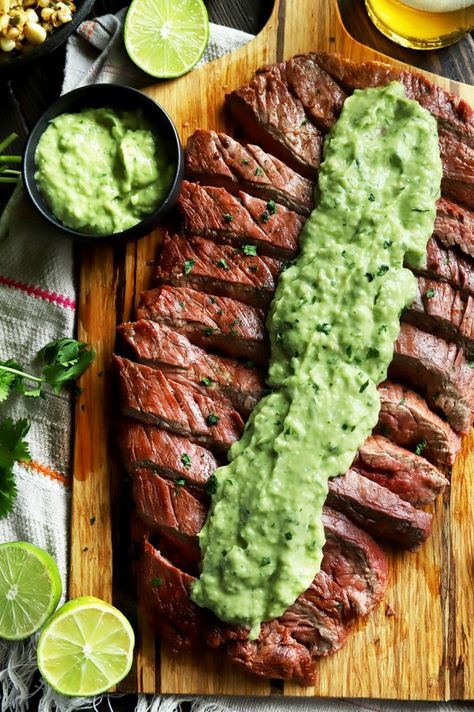 Marinate Steak, Creamy Avocado Salsa, Beef Entrees, Avocado Salsa Recipe, Grilled Corn Salad, Flank Steak Recipes, Keto Beef, Grilled Flank Steak, Marinated Steak