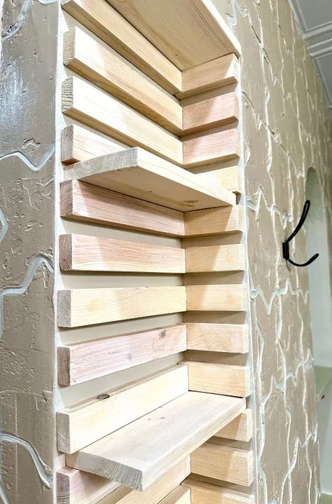 Adjustable Wooden Shelves, Diy Corner Shelves Bathroom, Adjustable Corner Shelves, Adjustable Wood Shelves, Metal And Wood Open Shelves, Wrap Around Shelving, Open Shelving In Bedroom, Diy Shop Ideas, Diy Storage Wall