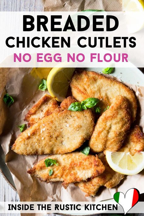 You won't believe how easy and mess free these Breaded Chicken Cutlets are to make. Made without any egg or flour they're super crispy and delicious. #chicken #cutlets #chickendinner #chickenrecipes #breadedchicken #Italianrecipes #Italianfood Breaded Chicken No Egg, Fried Chicken Without Flour, Healthy Breaded Chicken, Breaded Chicken Recipe, Breaded Chicken Strips, Baked Breaded Chicken, Fried Chicken Cutlets, Chicken Strip Recipes, Breaded Chicken Recipes