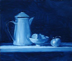 Blue still life with lemon and totmato Still Life Painting Monochromatic, Blue Still Life Painting, Still Life Monochrome Painting, Blue Monochrome Painting, Monochromatic Still Life, Monochromatic Painting Ideas, Spiral Design Art, Blue Still Life, Picasso Blue Period