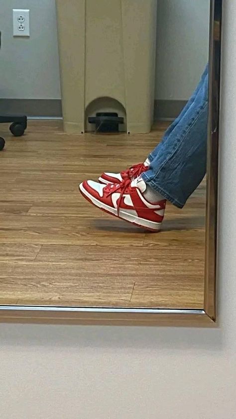 Red Sneakers Aesthetic, Red Nike Shoes Outfit, University Red Dunks Outfit, Red Shoes Aesthetic, Red Dunks, Womens Dunk Low, Nike Dunk Low Red, Red Nike Shoes, Bape Shoes