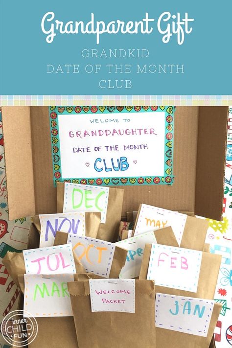 Grandparent Gift Idea - Inner Child Fun Grandma Adventure Box Ideas, Gifts From Grandparents To Grandchildren, Diy Christmas Gifts For Grandparents From Grandkids, Diy Grandparents Gifts, Date Of The Month, Grandkid Gifts, Grandparents Activities, Grandparents Christmas Gifts, Grandparents Christmas