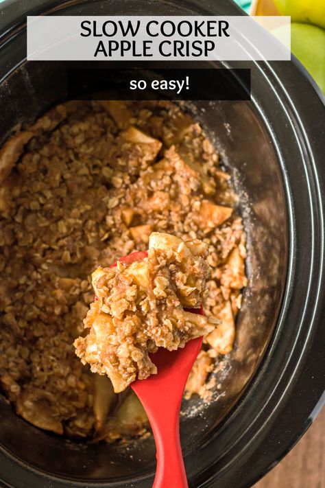 Easy Slow Cooker Apple Crisp with brown sugar cinnamon oat topping is the perfect way to use some of your favorite apples. Served warm or cold, this dessert is a favorite! | www.persnicketyplates.com Apples In A Crockpot Easy Recipes, Crockpot Apple Crisp No Oats, Apple Crisp Recipe Crock Pot Easy, Instant Pot Apple Crisp Easy, Apple Crock Pot Recipes, Instapot Apple Crisp Easy, Apple Dessert Crockpot Easy Recipes, Apples Slow Cooker Recipes, Apple Crisp In The Crockpot