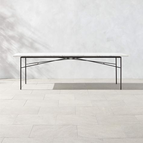 Pavilion Black Metal Outdoor Dining Table with Marble Top Large Model 6142 by Paul McCobb + Reviews | CB2 Metal Outdoor Dining Table, Dining Table With Marble Top, Concrete Outdoor Dining Table, Modern Outdoor Dining Table, Travertine Outdoor, Metal Outdoor Chairs, Patio Dining Furniture, Table With Marble Top, Modern Outdoor Dining