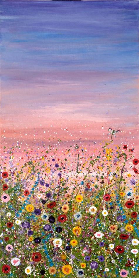 'Beautiful Dawn III' by Hayley Jones Oil Painting Print on Wrapped Canvas. Wildflowers and natural vibrant hues contrast with calming skies where insects and fauna inhabit the landscape. Stands alone or works beautifully as part of a triptych. Alchemy Station, Triptych Art Ideas, Acrylic Art Flowers, Spring Flowers Painting, Dawn Painting, Spring Artwork, Sky Paintings, Frühling Wallpaper, Paint Landscape