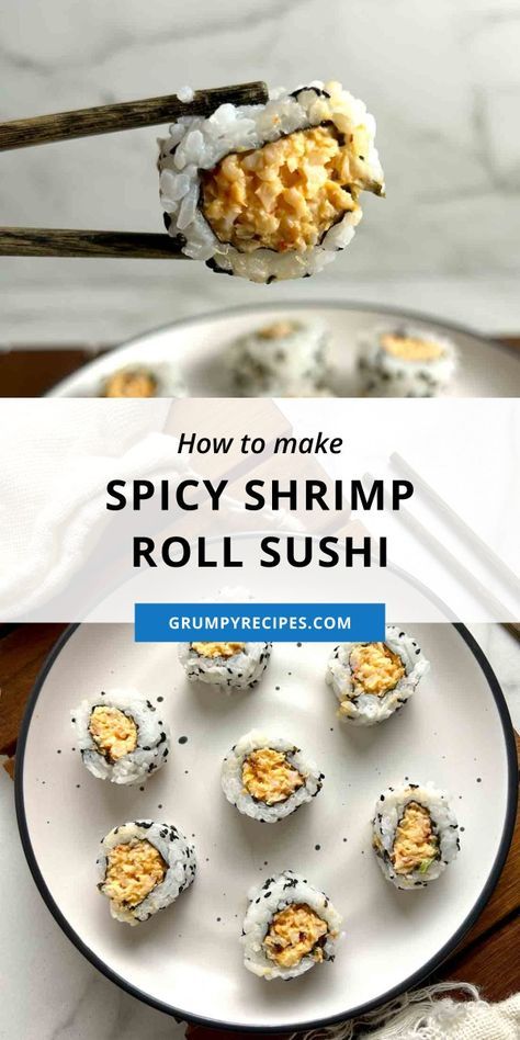 Spicy Shrimp Rolls are one of my favorite sushi rolls, and they are very simple to prepare at home. A bamboo mat is required for rolling the sushi, but other than that, the process is simple. You could also use a Ziplock bag for rolling, but it isn't as sturdy. Spicy Shrimp Roll, Shrimp Sushi Rolls, Spicy Mayo Sauce, Homemade Sushi Rolls, Popeyes Fried Chicken, Sushi Fillings, Shrimp Roll, Shrimp Sushi, Roll Sushi