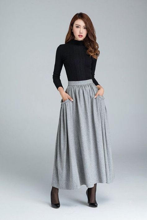 Grey Wool Skirt Outfit, Light Grey Skirt Outfit, Grey Midi Skirt Outfit, Knit Maxi Skirt Outfit, Gray Skirt Outfit, Midi Rock Outfit, Light Grey Skirt, Skirt Outfits Fall, Modesty Outfits