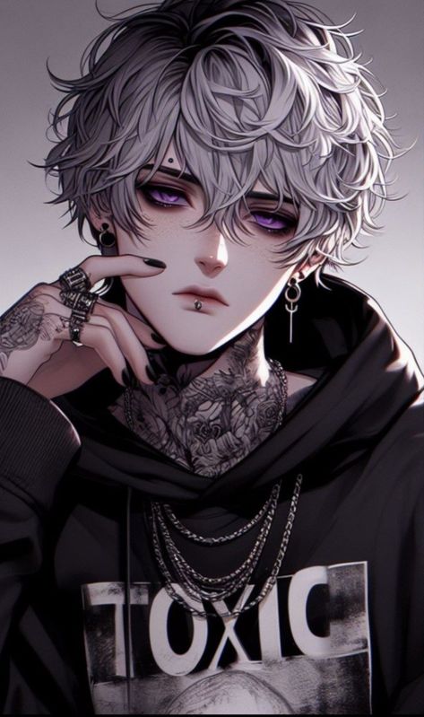 White Hair Goth Guy, Anime Boy With Piercings, Emo Male Oc, Gothic Anime Boy, Goth Boy Art, Anime Goth Boy, Edgy Boys, Emo Boy Art, Boy With White Hair