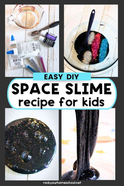 Slime ingredients with glass measuring cup, food coloring, glitter, and clear glue and glass bowl, and examples of black space slime with colorful glitter. Fun Space Activities For Kids, Space Party Activities For Kids, Stem Space Activities For Kids, Pre K Space Activities, Outer Space Sensory Bin, Space Themed Crafts For Kids, Space Activities For Kids Preschool, Rbt Tips, Space Week Activities For Kids