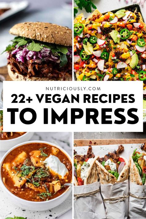 Want to cook something really tasty for your omnivorous friends and family to make them excited about vegan food? Try these delicious and hearty dinner ideas from our top 22 list. Including cheesesteaks, gyros, noodles, ribs, sheet pan nachos, and more! Perfect for special occasions, parties, or the holidays. Vegan Company Dinner Ideas, Impressive Vegan Dinner, Vegan Dinner For Two, Beautiful Vegan Food, Vegan Menu Ideas, Easy Vegan Dinner Recipes For Family, Vegan Sunday Dinner Ideas, Vegan Date Night Recipes, Vegan Gourmet Recipes