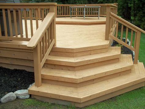 Wood Deck Gallery 1 – Supreme Deck | Deck Builders Michigan Deck Designs Layout, Wood Deck Ideas, Building Deck Steps, Wood Deck Steps, Backyard Decking, Deck Design Plans, Wood Deck Designs, Deck Shade, Troy Michigan