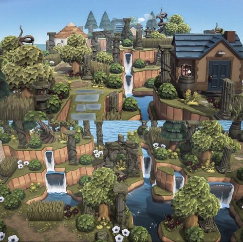 Acnh Mountain House, Acnh Mountain Town, Acnh Viewpoint, Animal Crossing Waterfall, Animal Crossing Forest, Cottagecore Animals, Cottagecore Animal Crossing, Forest Core, Animal Crossing Guide