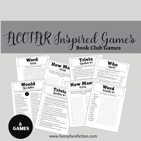 Book Club Games, ACOTAR Inspired Games, Printable Book Club Game Bundle, Printable Party Games, 8 Game Bundle, Book Club Activities Acotar Party Games, Book Club Games, Club Games, Book Club Activities, Printable Party Games, Club Activities, Games Printable, Printable Books, Printable Party