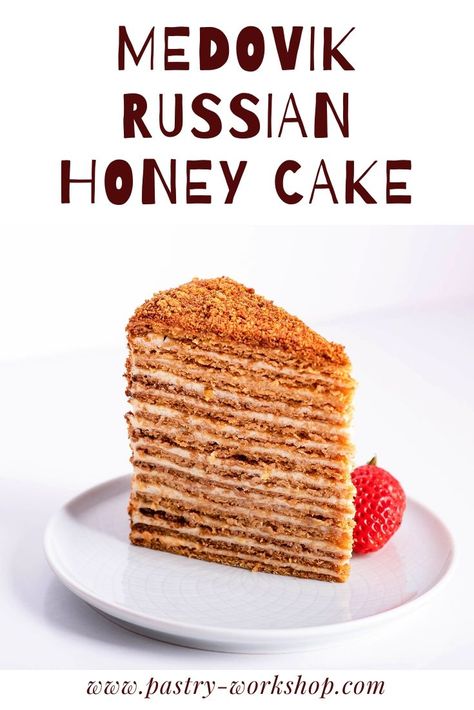 Medovik is a well known Russian cake with honey biscuit layers and sour cream, with a touch of orange and cardamom in this particular version Ukrainian Kiev Cake, Esterhazy Torte, Honey Biscuit, Pastry Workshop, Chesse Cake, Russian Cake, Tastemade Videos, Russian Honey Cake, Honey Cake Recipe