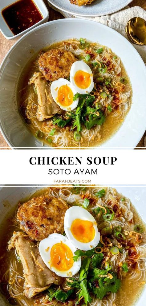 In the top photo is chicken soup (soto ayam) served in a white bowl, topped with sliced hard boiled egg, bergedil (potato meat cakes), cilantro, and fried shallots. Next to the bowl is a serving of 'sambal kicap', which is a spicy sweet soy sauce dip. The bottom photo is a close up of the soto ayam. Chicken Soups And Stews, Soup Recipes Homemade, Best Chicken Soup Recipe, Best Chicken Soup, Chicken Vermicelli, Chicken Soup Recipes Homemade, Vermicelli Recipes, Chicken Soups, Noodle Dinner