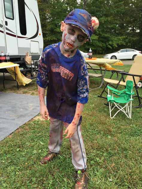 Zombie baseball player Zombie Baseball Player Makeup, Zombie Makeup Kids Boys, Baseball Zombie Costume Ideas, Zombie Softball Player Costume, Zombie Baseball Player Costume, Zombie Baseball Player, Boy Zombie Costume, Baseball Player Costume, Zombie Costume Kids