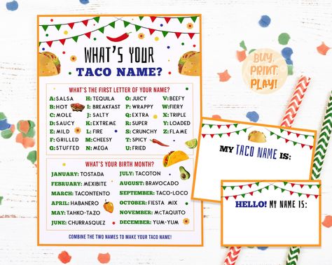 Whats Your Taco Name Cinco De Mayo Games Party Printables - Etsy What Is Your Taco Name, Taco Party Games, Fiesta Party Games, Mexican Fiesta Birthday Party, Bingo Patterns, Printables Etsy, Taco Twosday, Birthday Fiesta, Valentines Games