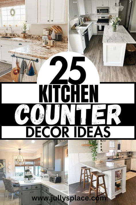 Kitchen Counter ideas Center Piece For Counter Top, Kitchen Counter Accessories Ideas, Breakfast Bar Decor Ideas Countertops, Kitchen Island Counter Decor Ideas, End Of Kitchen Counter Ideas, Bar Top Decor Ideas Kitchen, How To Decorate A Long Kitchen Counter, Decor For Bar Counter Top, Kitchen Counter Top Decor Ideas Modern