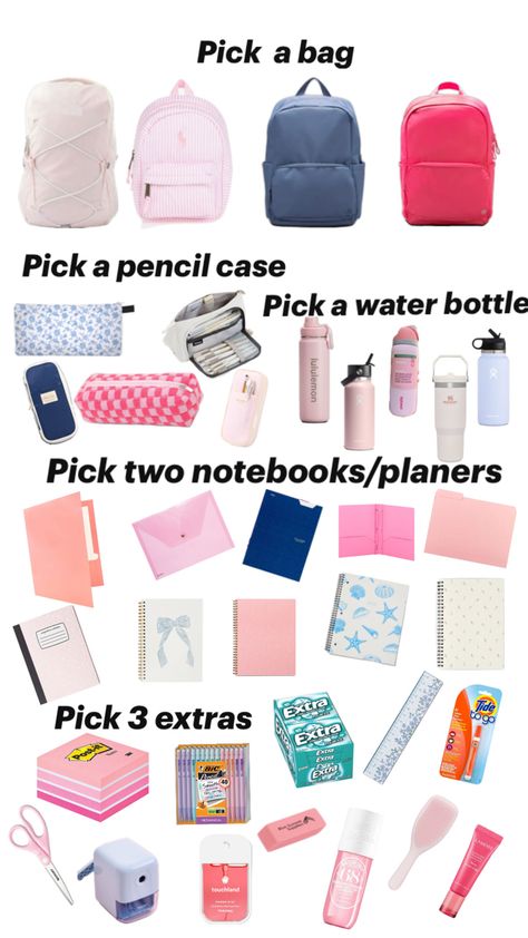 Preppy school school supplies School Necessities, Preppy School Bag, School Backpack Essentials, Preppy School Supplies, College Student Hacks, School Pencil Case, Backpack Essentials, Preppy School, Student Hacks