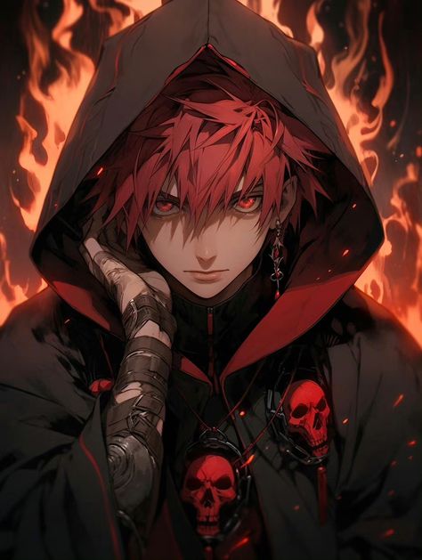 Red Warrior, Red Hair Oc Male, Red Hair Male Oc, Red Hair Anime Characters Guy, Red Hair Male Oc Art, Red Demon, Dark Skin Red Hair Anime Guy, Red Eyes Black Hair Anime Guy, Red Eyed Black Haired Anime Guy