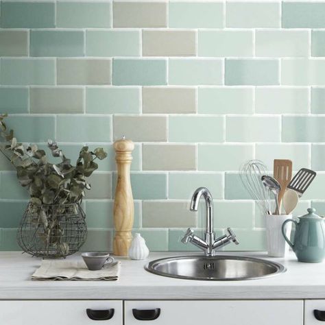 Tile Mountain, Kitchen Wall Tiles Design, Aqua Walls, Mint Walls, Farrow & Ball, Rustic Tile, Wall Tiles Design, Metro Tiles, Brick Tiles