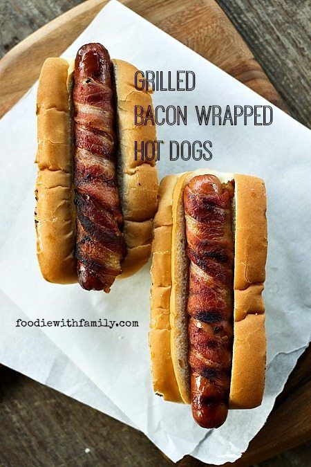 Grilled Bacon Wrapped Hot Dogs from foodiewithfamily.com Bacon Hot Dogs, Baked Hot Dogs, Bacon Wrapped Hotdogs, Grilled Bacon, Wrapped Hot Dogs, Burger Dogs, Bacon On The Grill, Hot Dog Recipes, Think Food