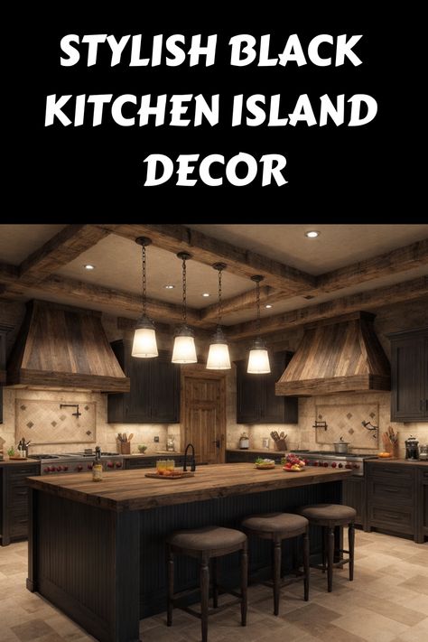 Stylish black kitchen island with wooden accents and three hanging lights. Kitchen Ideas With Black Island, Black Beadboard Island, Black Kitchen Island With Butcher Block, Contrasting Countertops, Kitchen With Black Island, Black Kitchen Island Ideas, Black Beadboard, Black Cabinetry, Distressed Kitchen