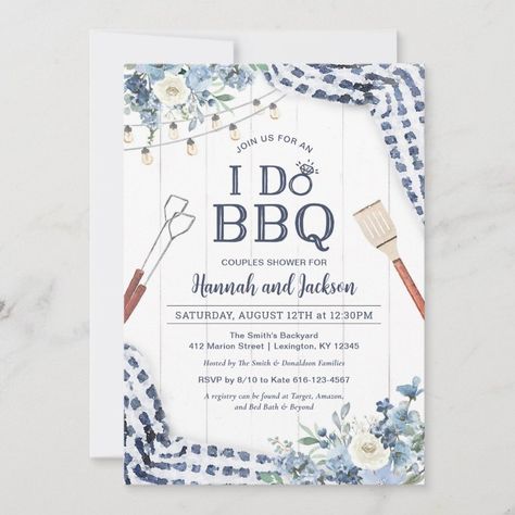 I Do BBQ Invitation with Navy and Light Blue  Zazzle Casual Rehearsal Dinner, Casual Engagement Party, Couples Shower Themes, Rehearsal Dinner Themes, Bbq Decorations, Backyard Bbq Wedding, Bbq Rehearsal Dinner, Backyard Engagement Parties, Bbq Theme