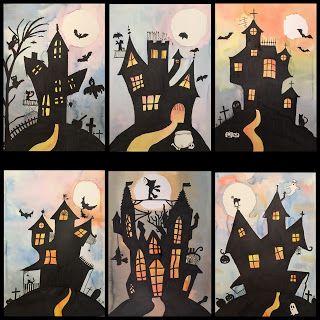 Haunted House Fun Art Ideas, Haunted House Drawing, Haunted House Craft, Halloween Art Projects, October Art, Middle School Art Projects, Halloween Kunst, Fall Art Projects, Carte Halloween