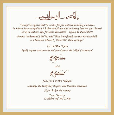 Wedding Invitation Wording For Muslim Wedding Ceremony Muslim Wedding Cards Wordings, Muslim Wedding Invitations Wording, Catholic Wedding Invitation Wording, Nikah Card, Islamic Wedding Card, Nikah Ideas, Wedding Invitation Card Wording, Modern Wedding Invitation Wording, Muslim Wedding Ceremony