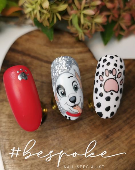 101 Dalmations Nail Designs, Hand Paint Nail Art, Dalmatian Nail Art, Dalmation Nail Art, 101 Dalmations Nails, Free Hand Nail Art Design, Puppy Nails, Free Hand Nail Art, Free Hand Painting