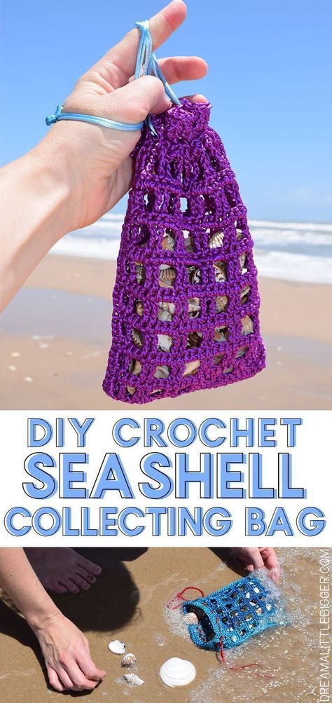 Get the free pattern to create your own crochet mesh seashell collecting bag. Bring home the shells, but keep the sand where it belongs. On the beach! Crochet Seashell, Seashell Bag, Beau Crochet, Purses Patterns, Mesh Crochet, Crochet Beach Bags, Beach Crochet, Crochet Shell Stitch, Confection Au Crochet