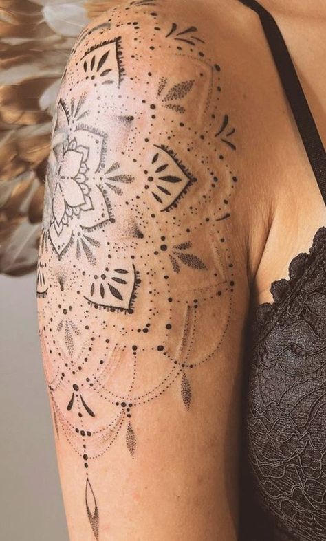 Tattoo Designs Men Shoulder Ideas, Women’s Mandala Sleeve Tattoo, Henna Half Sleeve Tattoo, Pretty Mandala Tattoo, Spiritual Shoulder Tattoos For Women, Mandala Tattoo Shoulder Woman, Mandela Shoulder Tattoo, Medallion Tattoos For Women, Mandala Tattoo Design Women Shoulder