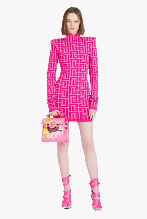 Balmain x Barbie Short Dress With Light Pink Balmain Monogram for Women - Balmain.com Balmain Monogram, Pink Long Dress, Light Pink Dress, Monogram Prints, Short Dress, Pink Dress, Long Dress, Designer Dresses, Light Pink