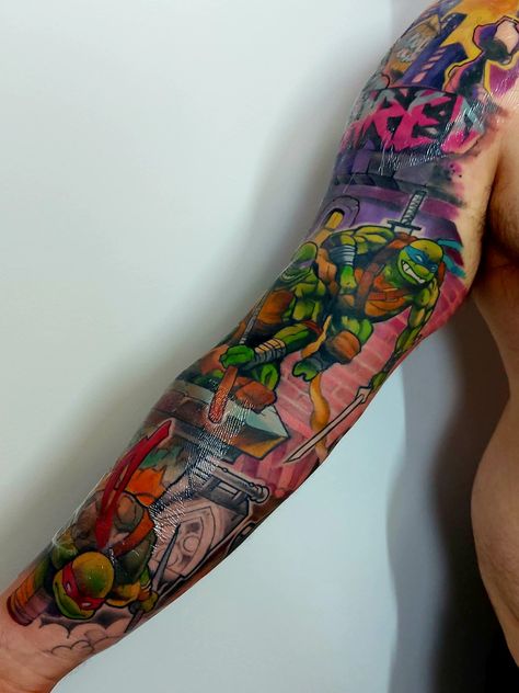 Tmnt Tattoo Sleeve, Tmnt Tattoo, Ninja Turtle Tattoos, Comic Book Tattoo, Book Tattoos, Leonardo Tmnt, Wicked Tattoos, Marvel Tattoos, Leg Sleeve