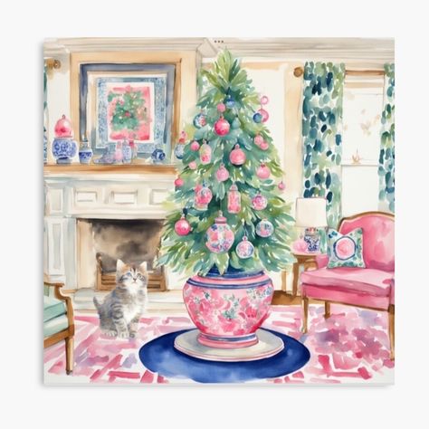 Get my art printed on awesome products. Support me at Redbubble #RBandME: https://www.redbubble.com/i/canvas-print/Kitten-and-a-Christmas-tree-watercolor-painting-by-SophieClimaArt/154799655.5Y5V7?asc=u Chinoiserie Christmas Decor, Chinoiserie Artwork, Preppy Chic Style, Christmas Tree Watercolor, Chinoiserie Interior, Chinoiserie Prints, Grandmillennial Style, Lilly Prints, Chinoiserie Christmas