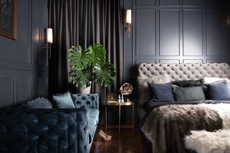 Bachelor Room, Blue Velvet Sofa, Dark Hardwood, Hardwood Floors Dark, Dark Bedroom, Ceramic Floor Tiles, Design Apartment, Bachelor Pad, My New Room