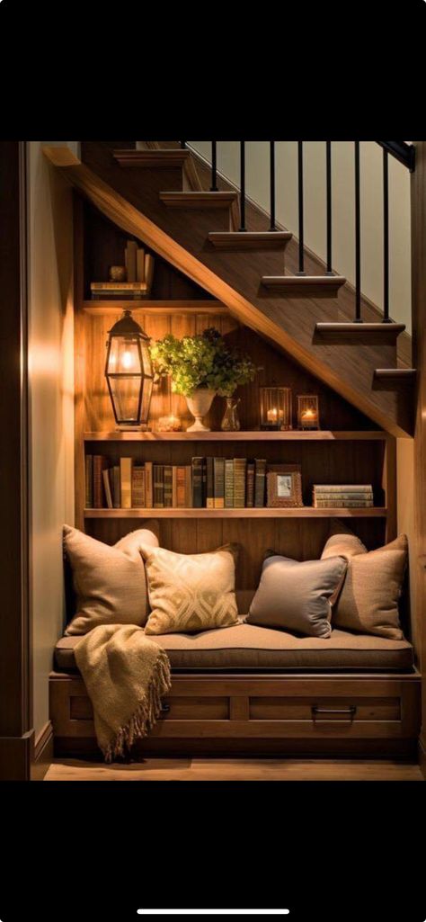 Basement Reading Nook Under Stairs, Tiny Book Nook Ideas, Under Staircase Bookshelf, Under Stair Bookshelves, Under The Steps Ideas, Book Nook Under Stairs, Under Stairs Bookshelf, Shelf Under Stairs, Under Stairs Book Nook