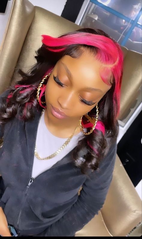 Black Hair Pink Highlights, Baddie Hair, Pink And Black Hair, Hairstyles Color, Wigs Black, Weave Ponytail Hairstyles, Frontal Wig Hairstyles, Big Box Braids Hairstyles, Birthday Hairstyles