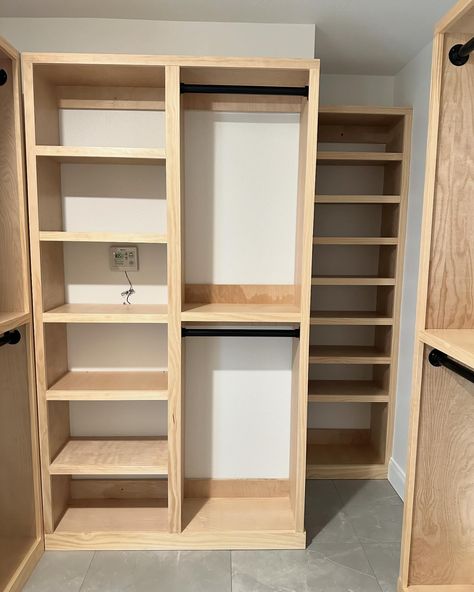 This master bedroom walk-in closet just got a complete makeover. ✨ Check out my latest custom closet system build. With plenty of rods to hang clothes, lots of shelving space and two dedicated shoe shelving units. This closet system was built to utilize every possible space. #closetsystem #closetshelving #closetorganization #closetbuild #organization #closets #wood #woodworking #maker #yesicanbuildthat Shelving Ideas For Closet, Custom Built In Closet Bedroom, Diy Bookcase Closet Ideas, Closet Wood Shelves, How To Build A Closet, Reach In Closet Ideas, Building Shelves In Closet, Built In Closet Ideas, Closet Rebuild