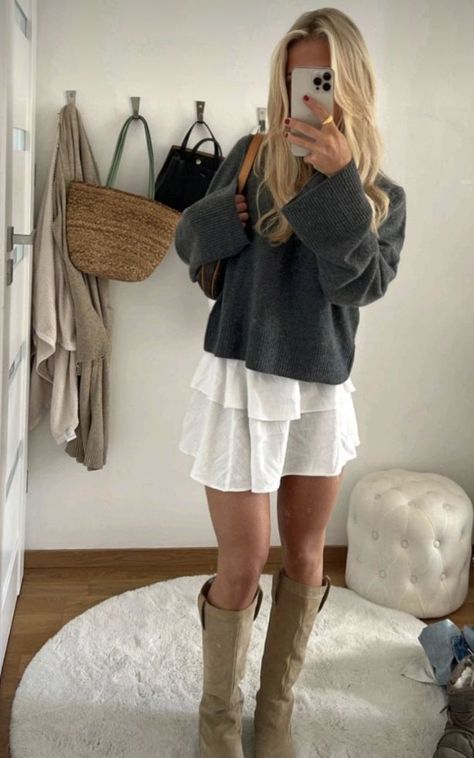 cowboy boots, white dress, blonde girl, tan, beachy outfit idea, outfit inspo, layered outfit ideas 6th Form Outfits, Unique Outfit Ideas, Cold Outfit, Stockholm Stil, Outfits Unique, Winter Inspo, Uni Life, Stockholm Style, Spring Fits