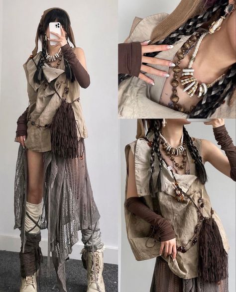 Dune Core Fashion, Wasteland Outfit, Shawl Dress, Peony Aesthetic, Dystopian Fashion, Mode Grunge, Street Outfits, Apocalyptic Fashion, Archive Fashion