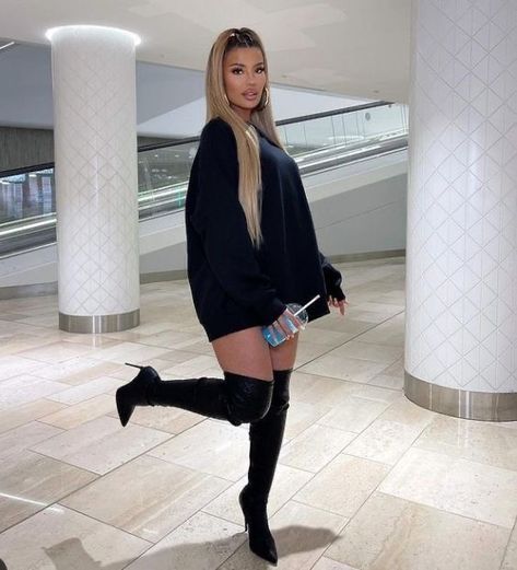 Thigh High Sock Boots Outfit, Brooklyn New York Outfits, Jeans And Heel Boots Outfit, Chunky Thigh High Boots Outfit, Black Knee High Boots Outfit Plus Size, Thigh High Suede Boots Outfits, Sweater Dress With Thigh High Boots, Black Fur Boots Outfit, Leather Thigh High Boots Outfit