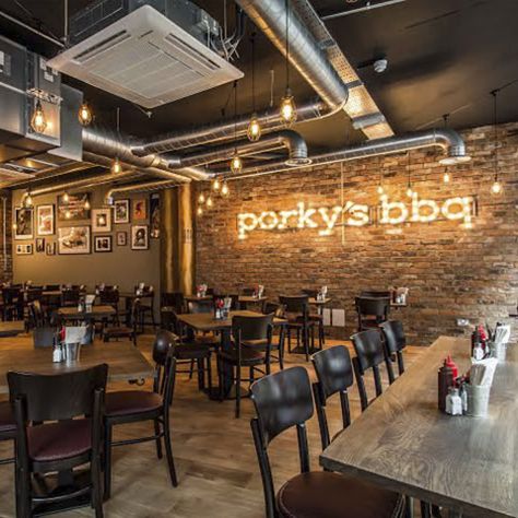 Bbq Restaurant Design, Industrial Restaurant Design, Brick Restaurant, Restaurant Design Rustic, Brick Cafe, Bbq Shop, Brick Slips, Industrial Restaurant, Barbecue Ribs