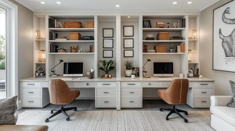 29 Tiny Home Desk Ideas to Maximize Your Workspace - DeskHive Home Office For Two People Layout, Home Office With Two Desks, 2 Desk Office Layout, Office For Two People Layout, Dual Office Ideas Home, Two Desk Home Office, Built In Double Desk, Two Person Home Office, Office With Two Desks