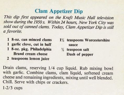 Recipes from Sadie Bells Books: Clam Appetizer Dip: Philadelphia Brand Cream Chees... Best Clam Dip Recipe, Clam Appetizers, Clam Dip Recipe, Clam Dip, Cream Cheese Dips, Appetizers Easy Finger Food, Muffin Recipes Blueberry, Dip Recipes Easy, Snack Dip