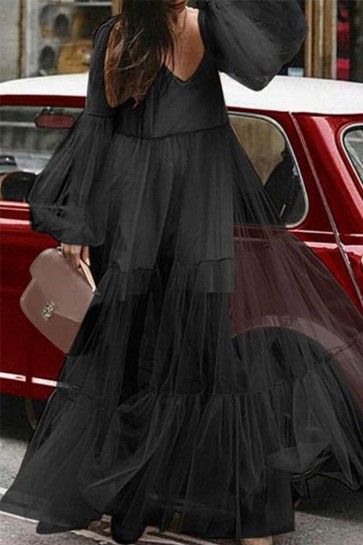 V-neck Bubble Sleeve Mesh #Dress Gauze Maxi Dress, Two Piece Jumpsuit, Sun Dresses, Looks Party, Dress Sleeve Styles, Long Sleeve Dresses, Vintage Material, High Waist Fashion, Winter 2022